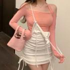 Long-sleeve Cold-shoulder Top / Drawstring Mini Pencil Skirt