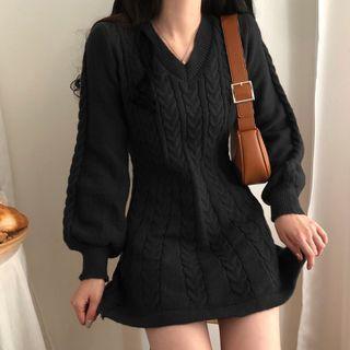 V-neck Cable Knit Mini Sweater Dress