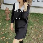 Set: Double-breasted Contrast Collar Blouse + Mini Skirt