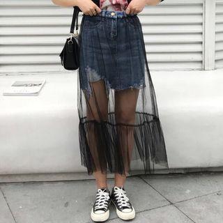 Mesh Overlay Ripped Denim Skirt