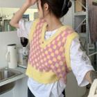 V-neck Checkered Sweater Vest Pink & Yellow - One Size