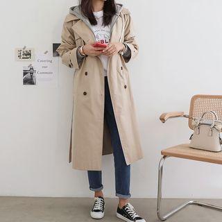 Hooded-layered Double-breasted Trench Coat With Sash