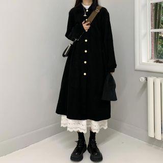 Long-sleeve Midi A-line Shirtdress / Lace Trim Midi A-line Skirt