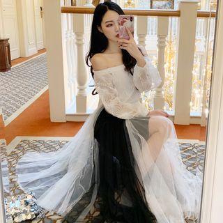 Off Shoulder Lace Top / Midi A-line Skirt