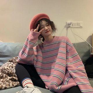 Crew-neck Striped Oversized Knit Sweater As Shown In Figure - One Size