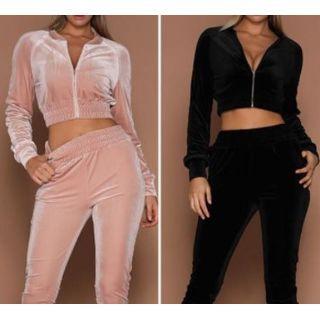 Set: Plain Velvet Zip-up Jacket + Pants