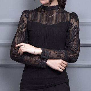 Mock-neck Lace Panel Long-sleeve Top