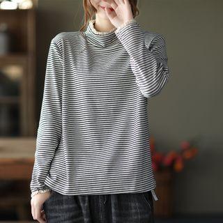 Long-sleeve Lace Trim Striped Mock-neck Top
