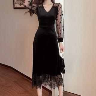 Mesh Sleeve Lace Hem A-line Midi Velvet Dress