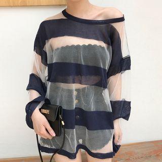 Colour Block Sheer Panel Long-sleeve Knit Top