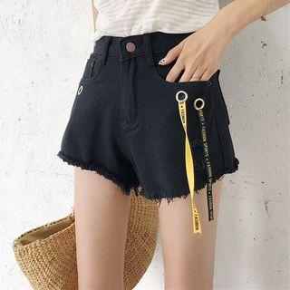 Lettering Strap Fray Hem Denim Shorts