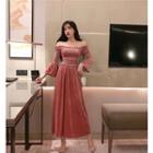 Off-shoulder Bell-sleeve A-line Midi Velvet Dress