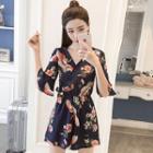 V-neck Printed Elbow-sleeve Playsuit