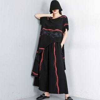 Set: Short-sleeve Print Top + Wide-leg Pants Black - One Size