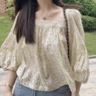 3/4-sleeve Square Neck Floral Blouse