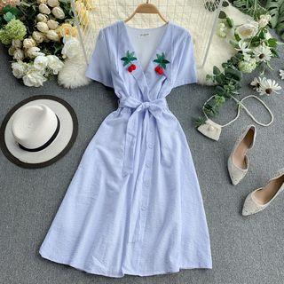Pinstriped Embroidered Short-sleeve A-line Dress