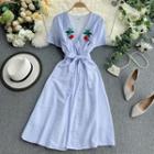 Pinstriped Embroidered Short-sleeve A-line Dress