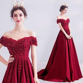 Off-shoulder Rhinestone Embroidered Evening Gown