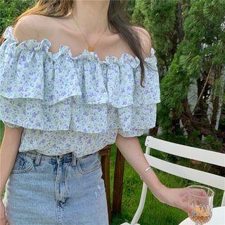 Off-shoulder Ruffle Trim Floral Blouse Floral - Blue - One Size