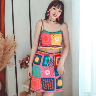 Color Block Knit Cropped Camisole Top / Mini Pencil Skirt / Set