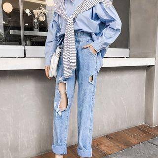 Striped Panel Shirt / Distressed Straight-cut Jeans