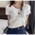 Short-sleeve Contrast Trim Cherry Embroidered Knit Top