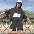 Set : Letter Elbow-sleeve Hoodie + Shorts