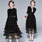 Long-sleeve Lace Trim Midi A-line Layered Dress