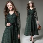 Long-sleeved Tie-waist A-line Sheath V-neck Plain Slim Lace Dress