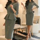Button Detail 3/4-sleeve Peplum Dress