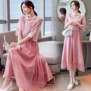 Set: Strappy Midi A-line Dress + Elbow-sleeve Top