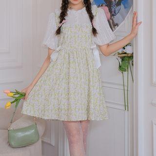 Short-sleeve Peter Pan Collar Mock Two-piece Floral Printed Dress Tulip - One Size