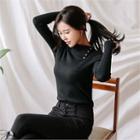 Buttoned Turtle-neck Slim-fit Knit Top