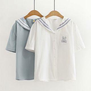 Sailor Collar Cartoon Rabbit Embroidered Blouse