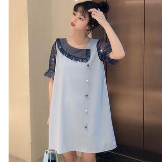 Sheer Panel Elbow-sleeve A-line Dress Blue - One Size