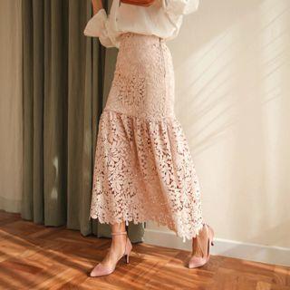 Ruffle-hem Laced Long Skirt