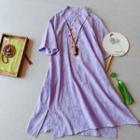 Short-sleeve Embroidered Frog-button Midi Tunic Dress