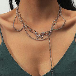Butterfly Layered Alloy Necklace 1pc - 01 - Silver - One Size