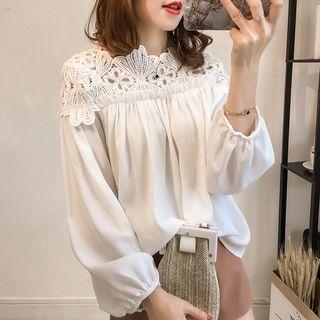 Long-sleeve Lace Paneled Chiffon Blouse