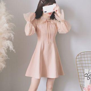 Mesh Panel Bow Accent Long-sleeve A-line Dress