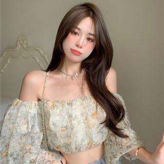 Cold-shoulder Floral Print Blouse Almond - One Size
