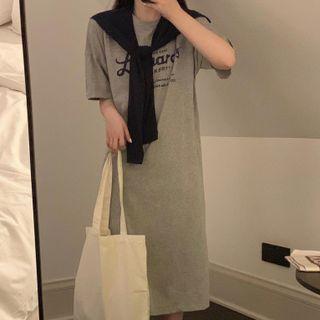 Short-sleeve Lettering Midi Dress Gray - One Size