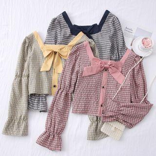 Contrasted Ribbon-neckline Checker Crop Blouse