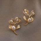 Faux Pearl Alloy Leaf Earring 1 Pair - As Shown In Figure - One Size