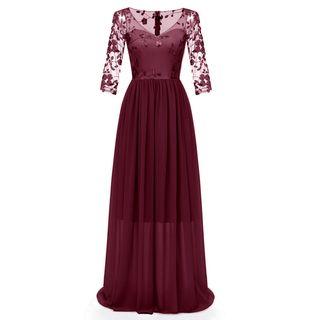 Elbow-sleeve Embroidered Mesh Maxi Chiffon Dress