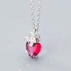 925 Sterling Silver Rhinestone Heart & Cat Pendant Necklace S925 Silver - Red - One Size