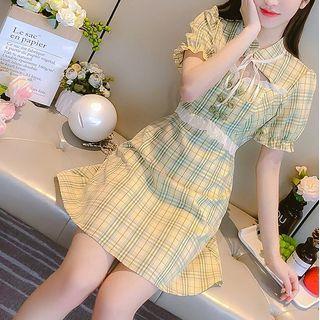 Short-sleeve Plaid Cutout A-line Dress