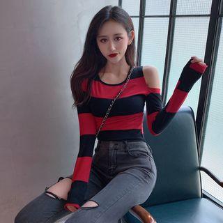 Striped Long-sleeve Off-shoulder Top