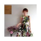 Sleeveless Floral Print A-line Midi Dress With Sash