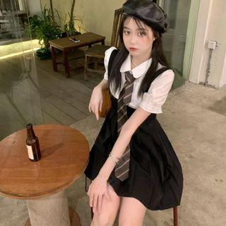 Puff-sleeve Shirt / Mini Overall Dress / Striped Tie / Set
